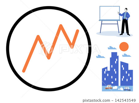 Business growth chart icon with a presenter and cityscape vector illustration. Corporate strategy, financial analysis, urban development, professional training, economic progress, office work Business growth chart icon with a presenter and cityscape vector illustration. Corporate strategy, financial analysis, urban development, professional training, economic progress, office work 142543549