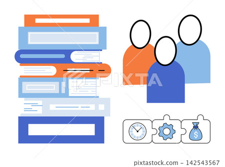 Stack of books, group of people, and puzzle icons vector illustration. Education, teamwork, project management, business strategy, time efficiency, financial planning. Academic literature, staff Stack of books, group of people, and puzzle icons vector illustration. Education, teamwork, project management, business strategy, time efficiency, financial planning. Academic literature, staff 142543567