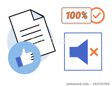 Document with thumbs up, percentage sign, and mute icons vector illustration. Quality assurance, content approval, volume control, settings, digital feedback, user interface. Paper symbol Document with thumbs up, percentage sign, and mute icons vector illustration. Quality assurance, content approval, volume control, settings, digital feedback, user interface. Paper symbol 142543569