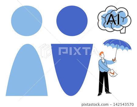 Abstract human figures, AI brain icon, and a man holding an umbrella vector illustration. Technology, security, data protection, innovation, digital safety, risk management. People symbols Abstract human figures, AI brain icon, and a man holding an umbrella vector illustration. Technology, security, data protection, innovation, digital safety, risk management. People symbols 142543570