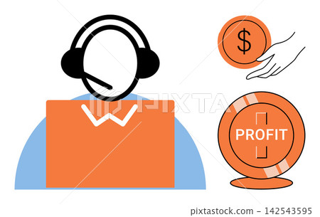 Customer support agent with headset and financial profit icons vector illustration. Business, finance, communication, investment, earnings, customer service. Operator wearing headphones with money Customer support agent with headset and financial profit icons vector illustration. Business, finance, communication, investment, earnings, customer service. Operator wearing headphones with money 142543595