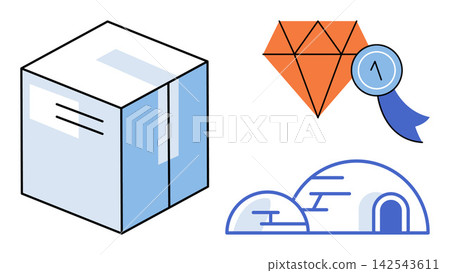 Cardboard box, diamond award, and igloo houses vector illustration. Logistics, premium quality, arctic shelter, shipping, achievement, travel. Delivery package, gem prize ice home Cardboard box, diamond award, and igloo houses vector illustration. Logistics, premium quality, arctic shelter, shipping, achievement, travel. Delivery package, gem prize ice home 142543611