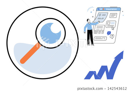 Magnifying glass, man reviewing insurance documents, and growth arrow vector illustration. Financial planning, risk assessment, data analysis, policy management, market growth, corporate strategy Magnifying glass, man reviewing insurance documents, and growth arrow vector illustration. Financial planning, risk assessment, data analysis, policy management, market growth, corporate strategy 142543612
