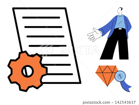 Document with gear and businessman vector illustration. Productivity, project management, quality control, business strategy, corporate efficiency, professional success. Paper file with cogwheel Document with gear and businessman vector illustration. Productivity, project management, quality control, business strategy, corporate efficiency, professional success. Paper file with cogwheel 142543637