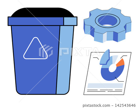 Recycling bin gear and data chart icons vector illustration. Waste management, data analysis, business optimization, sustainability, corporate efficiency, resource planning. Trash can cogwheel graph Recycling bin gear and data chart icons vector illustration. Waste management, data analysis, business optimization, sustainability, corporate efficiency, resource planning. Trash can cogwheel graph 142543646