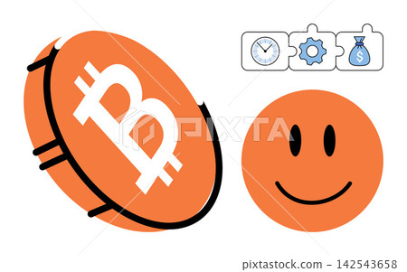 Bitcoin coin and happy happy face icon vector illustration. Investment, finance, digital currency, profit, success, wealth. Crypto asset and cheerful emoticon symbol Bitcoin coin and happy happy face icon vector illustration. Investment, finance, digital currency, profit, success, wealth. Crypto asset and cheerful emoticon symbol 142543658