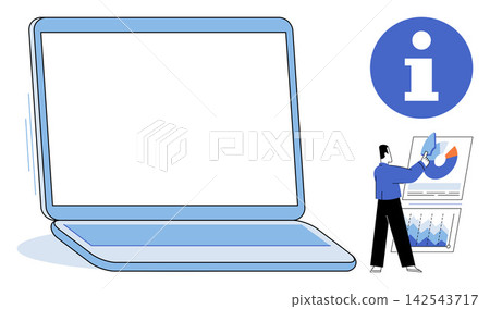 Laptop computer with blank screen and businessman analyzing financial charts vector illustration. Business, finance, data, marketing, analytics, technology. Portable pc with person studying graphs Laptop computer with blank screen and businessman analyzing financial charts vector illustration. Business, finance, data, marketing, analytics, technology. Portable pc with person studying graphs 142543717