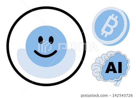 Happy face, bitcoin coin and AI brain icons vector illustration. Digital finance, machine learning, virtual currency, technology innovation, smart investment, future computing. emotion, crypto Happy face, bitcoin coin and AI brain icons vector illustration. Digital finance, machine learning, virtual currency, technology innovation, smart investment, future computing. emotion, crypto 142543726