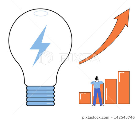 Light bulb with lightning bolt and person looking at rising bar chart vector illustration. Innovation, business growth, strategy, success, development, productivity. Creative idea and financial Light bulb with lightning bolt and person looking at rising bar chart vector illustration. Innovation, business growth, strategy, success, development, productivity. Creative idea and financial 142543746