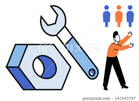 Wrench and nut with human character vector illustration. Engineering, maintenance, technical support, repair service, industrial solution, teamwork. Mechanic tool and person working together Wrench and nut with human character vector illustration. Engineering, maintenance, technical support, repair service, industrial solution, teamwork. Mechanic tool and person working together 142543747