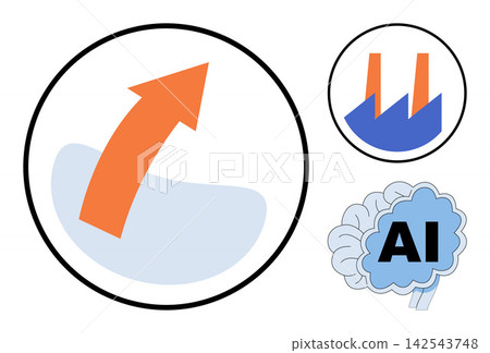 Icons showing an upward arrow, factory, and brain with AI text as a vector illustration. Business development, industrial automation, machine learning, digital transformation, smart manufacturing Icons showing an upward arrow, factory, and brain with AI text as a vector illustration. Business development, industrial automation, machine learning, digital transformation, smart manufacturing 142543748