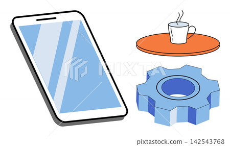 Smartphone, coffee cup, and gear icon set vector illustration. Business, technology, communication, productivity, development, workflow. Mobile phone hot beverage mechanical cogwheel Smartphone, coffee cup, and gear icon set vector illustration. Business, technology, communication, productivity, development, workflow. Mobile phone hot beverage mechanical cogwheel 142543768