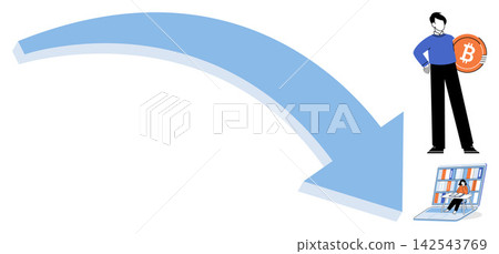 Man holding a bitcoin and person working on a laptop with a downward arrow vector illustration. Cryptocurrency, market crash, financial loss, digital economy, investment, business decline. Investor Man holding a bitcoin and person working on a laptop with a downward arrow vector illustration. Cryptocurrency, market crash, financial loss, digital economy, investment, business decline. Investor 142543769