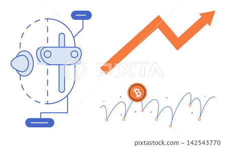 Bitcoin price growth and technical analysis vector illustration. Finance, investment, digital currency, market trends, economic growth, trading strategy. Crypto asset value rising chart Bitcoin price growth and technical analysis vector illustration. Finance, investment, digital currency, market trends, economic growth, trading strategy. Crypto asset value rising chart 142543770