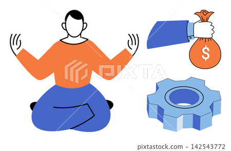 Meditating person with money bag and gear icon vector illustration. Work life balance, financial management, corporate strategy, stress relief, wealth growth, professional productivity. Zen man Meditating person with money bag and gear icon vector illustration. Work life balance, financial management, corporate strategy, stress relief, wealth growth, professional productivity. Zen man 142543772