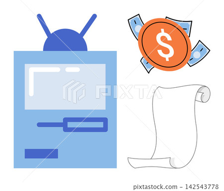 Television set with money and blank scroll vector illustration. Media broadcasting, financial news, economic report, business information, advertising, public announcement. TV screen with cash Television set with money and blank scroll vector illustration. Media broadcasting, financial news, economic report, business information, advertising, public announcement. TV screen with cash 142543778