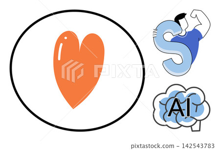 Heart symbol and human strength with brain AI vector illustration. Technology, health, innovation, power, intelligence, digital transformation. Love icon and muscle person with machine mind Heart symbol and human strength with brain AI vector illustration. Technology, health, innovation, power, intelligence, digital transformation. Love icon and muscle person with machine mind 142543783