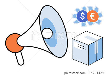Megaphone with shipping box and currency symbols vector illustration. Marketing, logistics, e-commerce, global trade, sales promotion, business growth. Loudspeaker with package and money icons Megaphone with shipping box and currency symbols vector illustration. Marketing, logistics, e-commerce, global trade, sales promotion, business growth. Loudspeaker with package and money icons 142543795