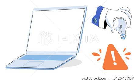 Laptop computer with a hand holding a light bulb and a warning sign vector illustration. Innovation, problem solving, technical support, digital troubleshooting, creative ideas, maintenance. Notebook Laptop computer with a hand holding a light bulb and a warning sign vector illustration. Innovation, problem solving, technical support, digital troubleshooting, creative ideas, maintenance. Notebook 142543797