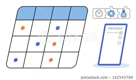 A project schedule grid with task icons and a mobile checklist vector illustration. Productivity, time management, business planning, workflow organization, task tracking, efficiency. Planning A project schedule grid with task icons and a mobile checklist vector illustration. Productivity, time management, business planning, workflow organization, task tracking, efficiency. Planning 142543799