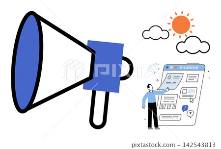 Megaphone and person checking insurance documents vector illustration. Marketing, communication, financial protection, policy coverage, risk management, digital services. Bullhorn and client Megaphone and person checking insurance documents vector illustration. Marketing, communication, financial protection, policy coverage, risk management, digital services. Bullhorn and client 142543813