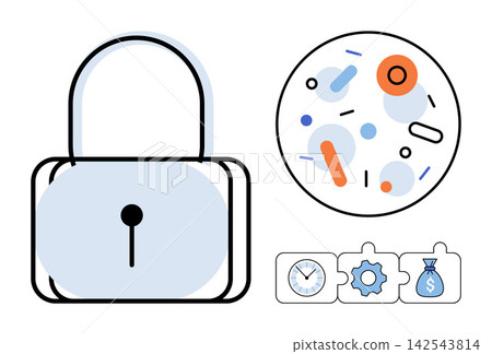 Padlock icon with abstract data circle and business puzzle vector illustration. Cybersecurity, data protection, financial management, workflow efficiency, time planning, digital safety. Locked Padlock icon with abstract data circle and business puzzle vector illustration. Cybersecurity, data protection, financial management, workflow efficiency, time planning, digital safety. Locked 142543814