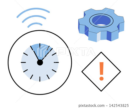 Clock with signal waves, gear, and warning sign vector illustration. Productivity, maintenance, alert, connectivity, efficiency, system error. Time management cogwheel notification Clock with signal waves, gear, and warning sign vector illustration. Productivity, maintenance, alert, connectivity, efficiency, system error. Time management cogwheel notification 142543825