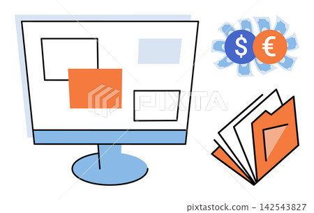 Computer screen with document folder and currency symbols vector illustration. Business, finance, accounting, organization, management, digital workflow. Desktop monitor displaying files and money Computer screen with document folder and currency symbols vector illustration. Business, finance, accounting, organization, management, digital workflow. Desktop monitor displaying files and money 142543827