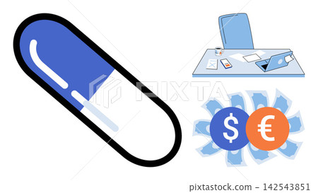 Medical pill, office desk, and currency symbols vector illustration. Healthcare finance, drug pricing, pharmaceutical industry, economic burden, medical insurance, business administration Medical pill, office desk, and currency symbols vector illustration. Healthcare finance, drug pricing, pharmaceutical industry, economic burden, medical insurance, business administration 142543851