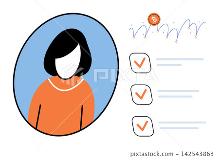 Woman profile icon with bitcoin price chart and checklist vector illustration. Finance, cryptocurrency, investment, trading, digital assets, market analysis. Female avatar with crypto graph Woman profile icon with bitcoin price chart and checklist vector illustration. Finance, cryptocurrency, investment, trading, digital assets, market analysis. Female avatar with crypto graph 142543863