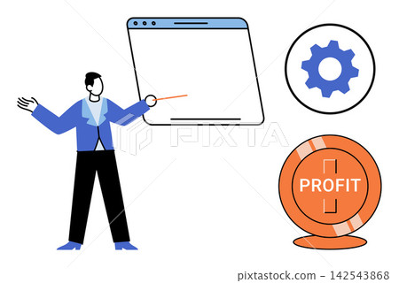 Businessman presenting a digital interface with profit and settings icons vector illustration. Strategy, management, finance, development, marketing, efficiency. Professional explaining corporate Businessman presenting a digital interface with profit and settings icons vector illustration. Strategy, management, finance, development, marketing, efficiency. Professional explaining corporate 142543868