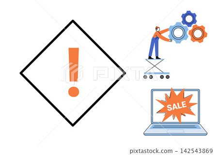 Warning sign, mechanic fixing gears, and laptop with sale tag vector illustration. Maintenance, commerce, alert, technical support, discount, business. Caution symbol, worker repairing cogs, computer Warning sign, mechanic fixing gears, and laptop with sale tag vector illustration. Maintenance, commerce, alert, technical support, discount, business. Caution symbol, worker repairing cogs, computer 142543869