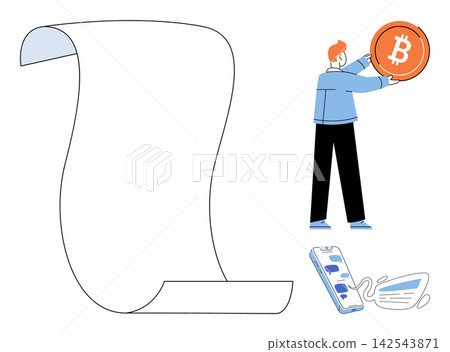 Man holding a bitcoin coin next to a blank paper scroll and smartphone vector illustration. Cryptocurrency, digital finance, investment, blockchain, communication, mobile technology. Investor Man holding a bitcoin coin next to a blank paper scroll and smartphone vector illustration. Cryptocurrency, digital finance, investment, blockchain, communication, mobile technology. Investor 142543871