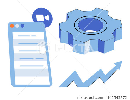 Smartphone with video call icon, gear, and upward arrow vector illustration. Productivity, business growth, digital communication, technical support, workflow optimization, remote meeting. Mobile Smartphone with video call icon, gear, and upward arrow vector illustration. Productivity, business growth, digital communication, technical support, workflow optimization, remote meeting. Mobile 142543872