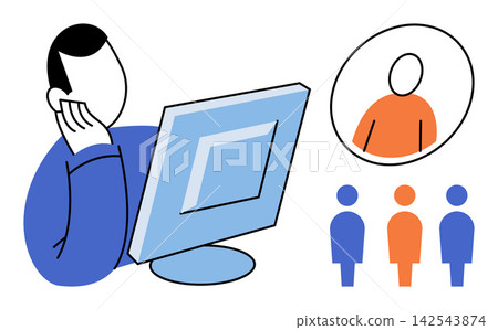 Person working on a computer with remote team members vector illustration. Digital communication, virtual meeting, remote work, online collaboration, business connection, team management. User Person working on a computer with remote team members vector illustration. Digital communication, virtual meeting, remote work, online collaboration, business connection, team management. User 142543874