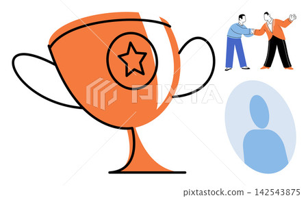 Trophy cup and business handshake vector illustration. Success, partnership, achievement, leadership, teamwork, victory. Award prize and people shaking hands in a professional agreement Trophy cup and business handshake vector illustration. Success, partnership, achievement, leadership, teamwork, victory. Award prize and people shaking hands in a professional agreement 142543875