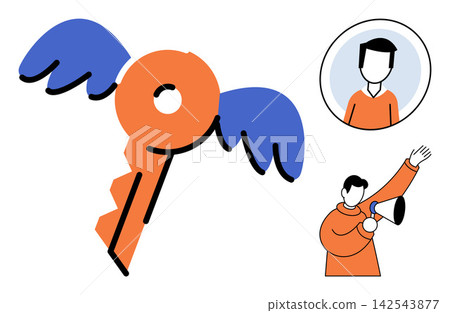 Flying key with wings, person avatar, and man using megaphone vector illustration. Success, freedom, communication, announcement, access, opportunity. Winged object, user profile speaker Flying key with wings, person avatar, and man using megaphone vector illustration. Success, freedom, communication, announcement, access, opportunity. Winged object, user profile speaker 142543877