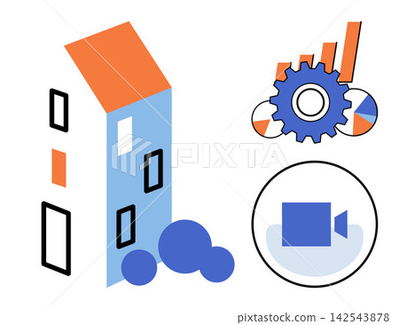 Residential building, gear chart, and video camera icon vector illustration. Property management, construction planning, digital marketing, media production, business growth, urban development Residential building, gear chart, and video camera icon vector illustration. Property management, construction planning, digital marketing, media production, business growth, urban development 142543878