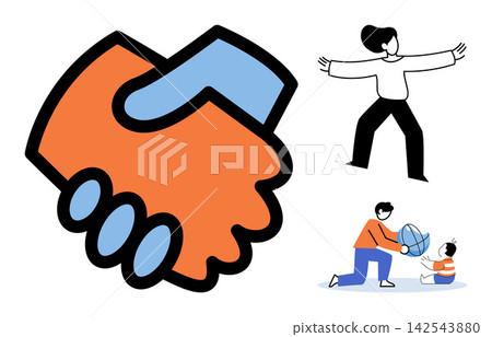 Handshake icon and people characters vector illustration. Business partnership, family bonding, social interaction, teamwork, parenting, community support. Agreement symbol and human figures Handshake icon and people characters vector illustration. Business partnership, family bonding, social interaction, teamwork, parenting, community support. Agreement symbol and human figures 142543880
