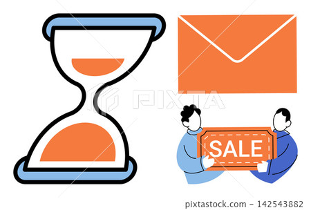 Hourglass envelope and people holding sale coupon vector illustration. Time management, email marketing, retail discount, shopping promotion, business strategy, customer service. Sandglass mail Hourglass envelope and people holding sale coupon vector illustration. Time management, email marketing, retail discount, shopping promotion, business strategy, customer service. Sandglass mail 142543882