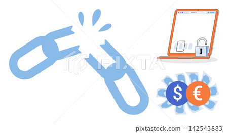 Broken chain link with laptop and currency symbols vector illustration. Cybersecurity, data breach, financial loss, digital theft, online fraud, system vulnerability. Severed connection computer Broken chain link with laptop and currency symbols vector illustration. Cybersecurity, data breach, financial loss, digital theft, online fraud, system vulnerability. Severed connection computer 142543883