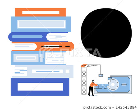 Stack of books and a construction worker building a vault vector illustration. Education, finance, investment, development, knowledge, banking. Pile of literature and builder at work Stack of books and a construction worker building a vault vector illustration. Education, finance, investment, development, knowledge, banking. Pile of literature and builder at work 142543884