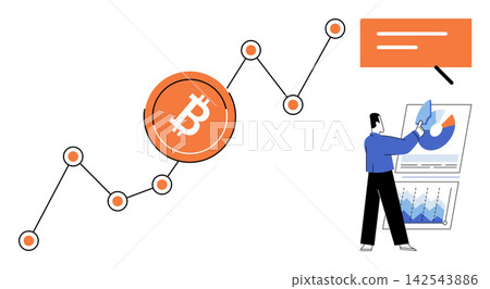 Businessman analyzing bitcoin growth chart and financial data vector illustration. Investment, cryptocurrency, market analysis, trading, digital economy, profit growth. Investor studying crypto graph Businessman analyzing bitcoin growth chart and financial data vector illustration. Investment, cryptocurrency, market analysis, trading, digital economy, profit growth. Investor studying crypto graph 142543886