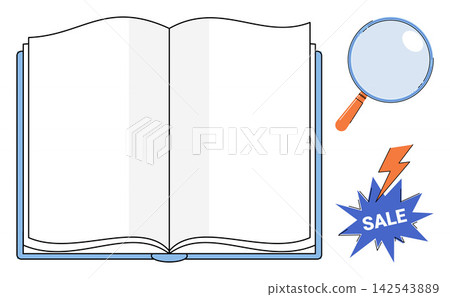 Open book with magnifying glass and sale flash icon vector illustration. Education, shopping, research, discount, literature, marketing. Blank pages with lens and promotional burst symbol Open book with magnifying glass and sale flash icon vector illustration. Education, shopping, research, discount, literature, marketing. Blank pages with lens and promotional burst symbol 142543889