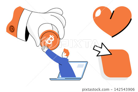 Hand giving bitcoin to a person emerging from a laptop screen vector illustration. Cryptocurrency, digital finance, online investment, virtual wealth, e-commerce, remote transaction. Giant hand Hand giving bitcoin to a person emerging from a laptop screen vector illustration. Cryptocurrency, digital finance, online investment, virtual wealth, e-commerce, remote transaction. Giant hand 142543906