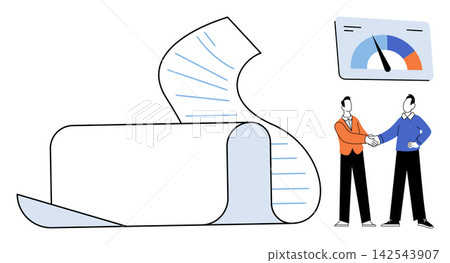 Business partners shaking hands with a document and performance gauge vector illustration. Partnership, success, agreement, productivity, growth, corporate strategy. Professionals making a deal Business partners shaking hands with a document and performance gauge vector illustration. Partnership, success, agreement, productivity, growth, corporate strategy. Professionals making a deal 142543907