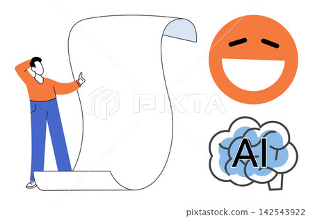 Man standing next to a blank paper scroll with an AI brain and happy emotion vector illustration. Technology, artificial intelligence, communication, feedback, digital marketing, creative ideas Man standing next to a blank paper scroll with an AI brain and happy emotion vector illustration. Technology, artificial intelligence, communication, feedback, digital marketing, creative ideas 142543922