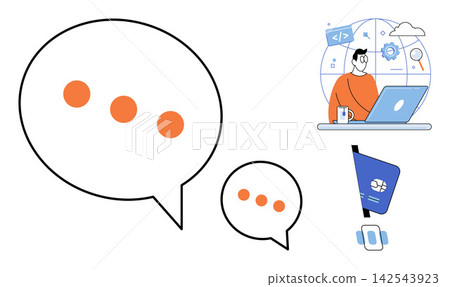 Speech bubbles and digital technology icons vector illustration. Communication, software development, online banking, financial transaction, web design, remote work. Chat clouds and programming Speech bubbles and digital technology icons vector illustration. Communication, software development, online banking, financial transaction, web design, remote work. Chat clouds and programming 142543923