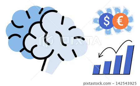 Human brain with currency symbols and rising bar chart vector illustration. Investment, business strategy, economic growth, cognitive development, financial planning, wealth management. Cerebral 142543925