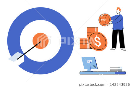 Target with arrow and person holding profit coins vector illustration. Investment, financial success, business growth, goal achievement, money management, marketing strategy. Bullseye with currency 142543926